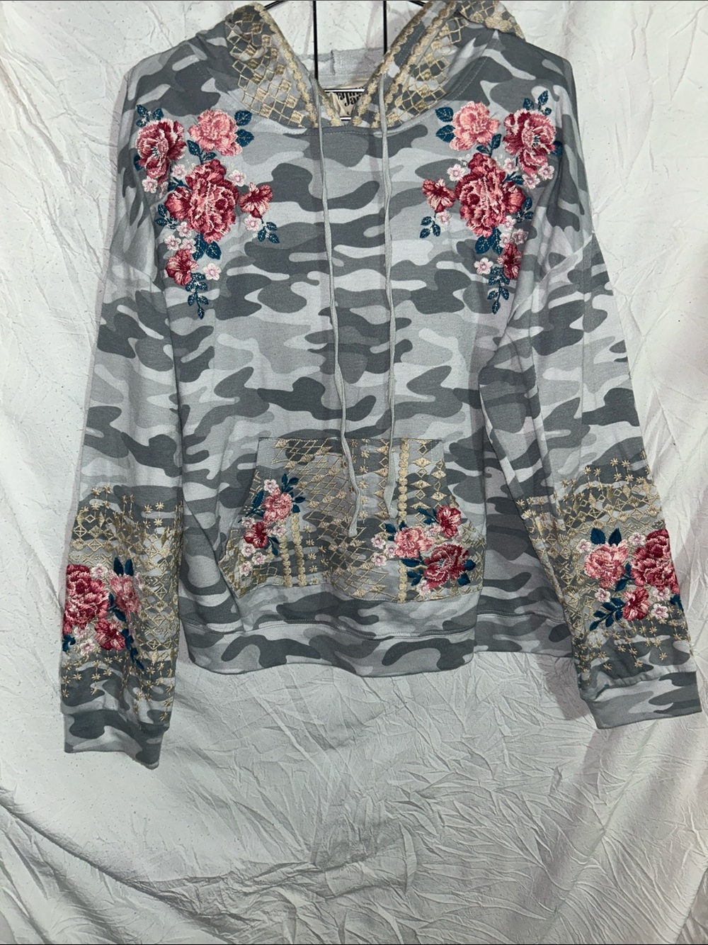 Savanna Jane Gray Camo Hoodie with Pink Floral Embroidery